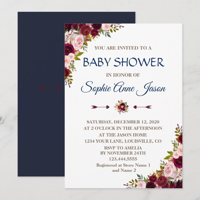 Invitation Charme Marsala Floral Automne Marine Baby shower b (Devant / Derrière)