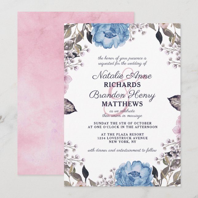 Invitation Charme Parisien Fleurs Bleues et Roses Bordure Mar (Devant / Derrière)