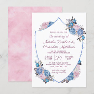 Invitation Charme parisien Mariage bleu & rose Floral Crest