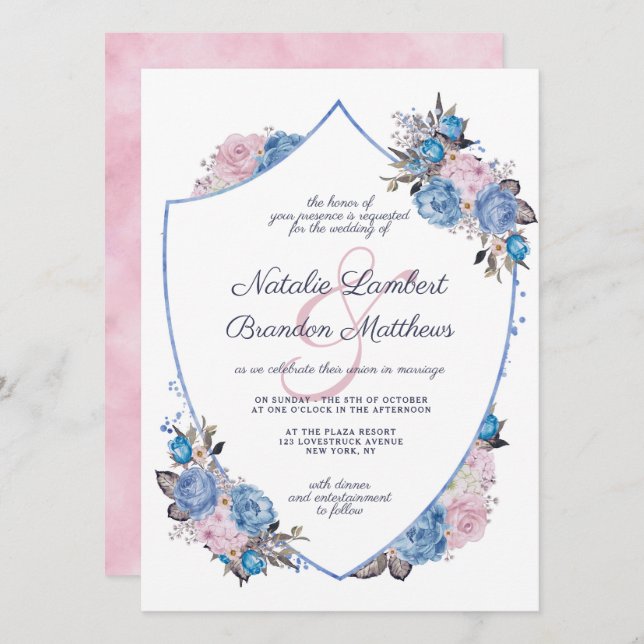 Invitation Charme parisien Mariage bleu & rose Floral Crest (Devant / Derrière)