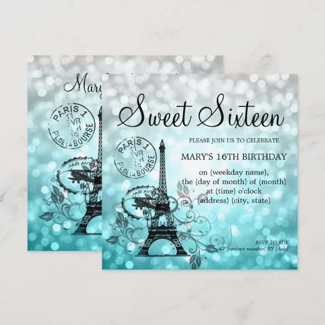Invitation Charme romantique de Paris de sweet sixteen (Devant / Derrière)