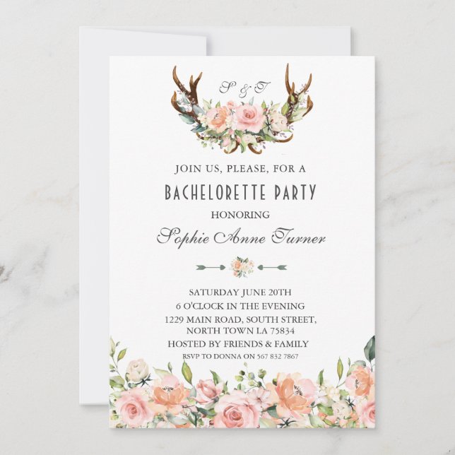 Invitation Charme Rose Blush Floral Antlers Bachelorette (Devant)