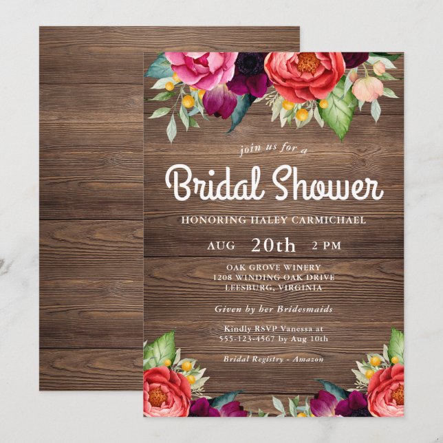 Invitation Charme rustique Barnwood Fête des mariées florale (Devant / Derrière)