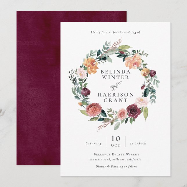 Invitation Charme rustique Bourgogne Blush Floral Wreath Mari (Devant / Derrière)