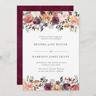 Invitation Charme rustique Bourgogne Blush rose Mariage Flora