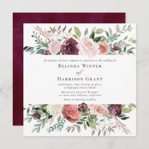 Invitation Charme rustique Bourgogne Blush Rose SQ Floral Mar