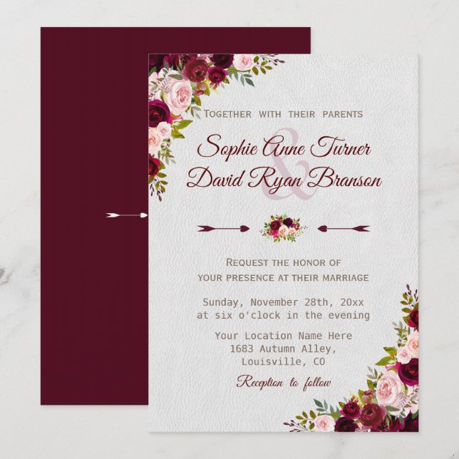 Invitation Charme Rustique Bourgogne Marsala Floral Mariage (Devant / Derrière)