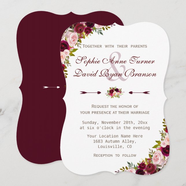 Invitation Charme Rustique Bourgogne Marsala Floral Mariage (Devant / Derrière)