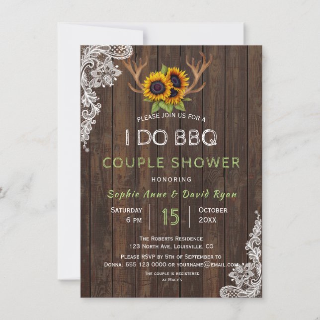 Invitation Charme Tournesols Antlers I DO BBQ Couple Douche (Devant)