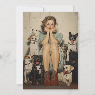 Invitation Charme vintage = Une jeune femme entourée de chien