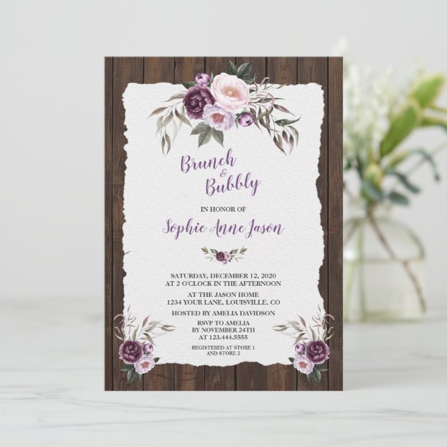 Invitation Charme Violet rose Floral Bois Grange Fête des mar (Debout devant)