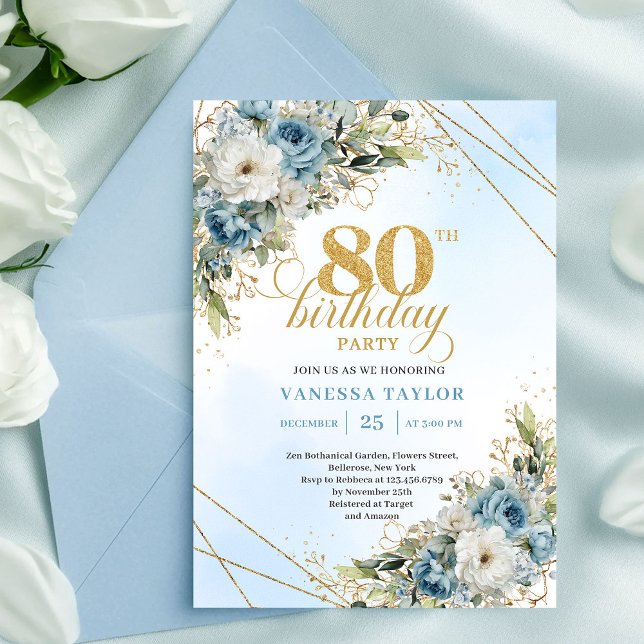 Invitation Charming 80th Birthday Invite Dusty Blue Flowers  (Charming 80th Birthday Invite Dusty Blue Flowers Gold)
