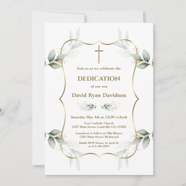 Invitation Charming Airy Greenery Gold Cross Dedication  (Devant)
