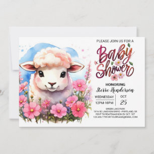 Invitation Charming Aquarelle Mouton Baby shower fille rose