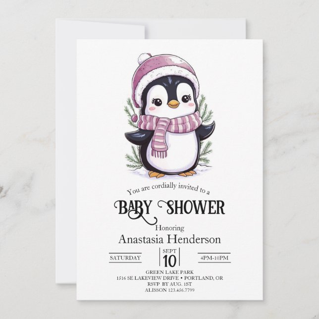 Invitation Charming Baby shower mystique de pingouins (Devant)