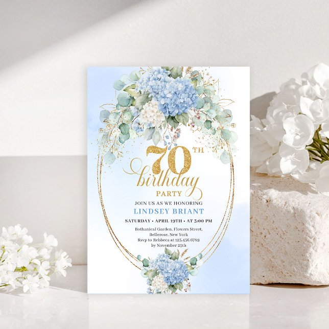 Invitation Charming Blue Hydrangeas Gold 70th Birthday Invite (Charming Blue Hydrangeas Gold 70th Birthday Invite

)