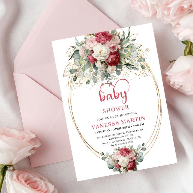 Invitation Charming Boho Crimson Red Blush Gold Greenery Baby (Charming Boho Crimson Red Blush Greenery Baby Invite)