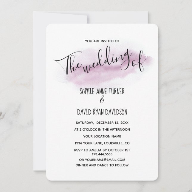 Invitation Charming Calligraphie Mariage d'aquarelle rose (Devant)