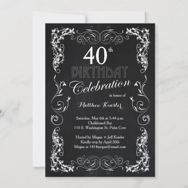 Invitation Charming Chalkboard 40e fête d'anniversaire (Devant)
