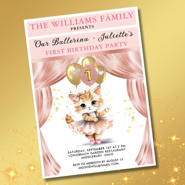 Invitation Charming Dancing Kitten Photo First Birthday Girl (Créateur téléchargé)