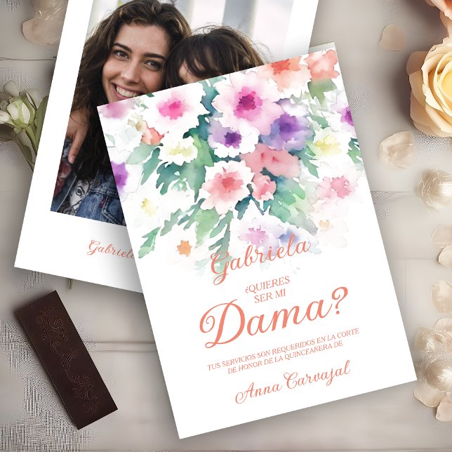 Invitation Charming Delicate Colorful Wildflowers Quinceañera (Peach Spanish Charming Delicate Colorful Wildflowers Quinceañera Dama with Photo Proposal Card. )