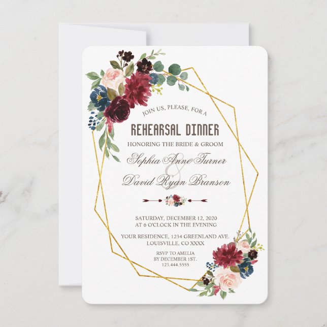 Invitation Charming Merlot Navy Blue Floral Dîner de répétiti (Devant)