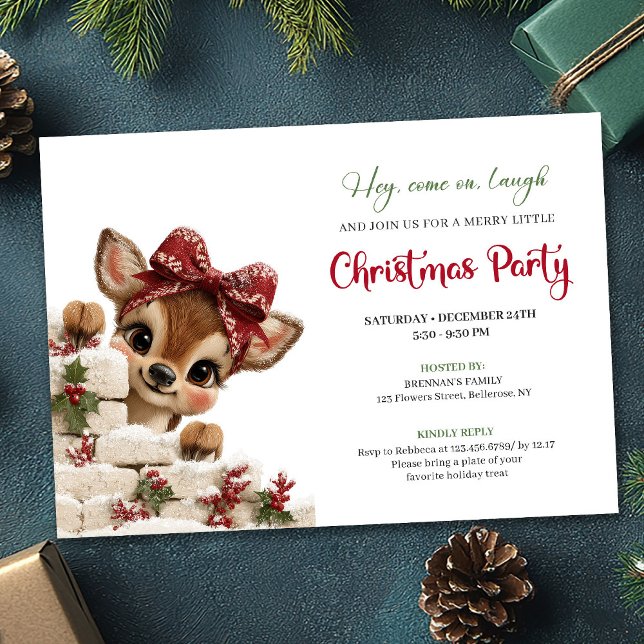 Invitation Charming peeking reindeer fun holiday party invite (Charming peeking reindeer fun holiday party invitation)