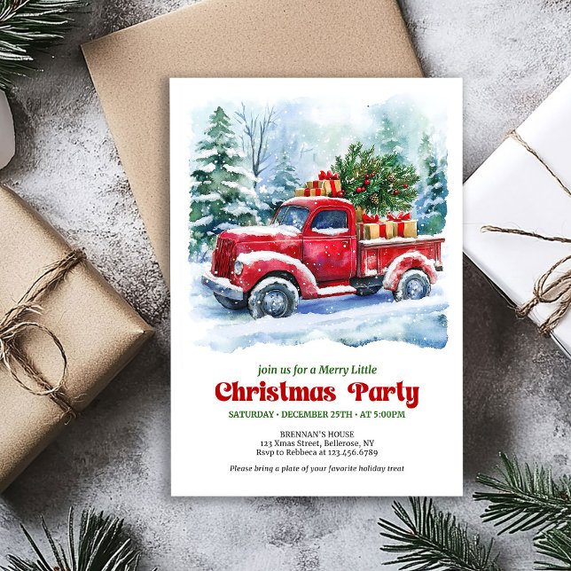 Invitation Charming red truck Christmas scene rustic invites (Classic Christmas party invitation,
modern Traditional red truck car,
watercolor cozy Christmas scen)