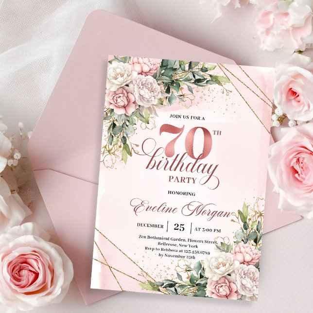 Invitation Charming Rose Gold Eucalyptus Greenery 70 Birthday (Charming Rose Gold Eucalyptus Greenery 70th Birthday Invitation)