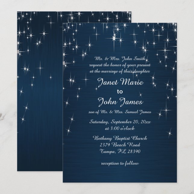 Invitation Charming Star Struck Mariage | bleu marine (Devant / Derrière)