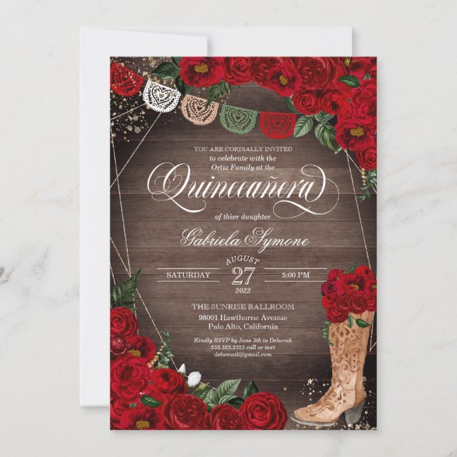 Invitation Charra Bottes rustiques de cow-girl Roses Rouges Q (Devant)