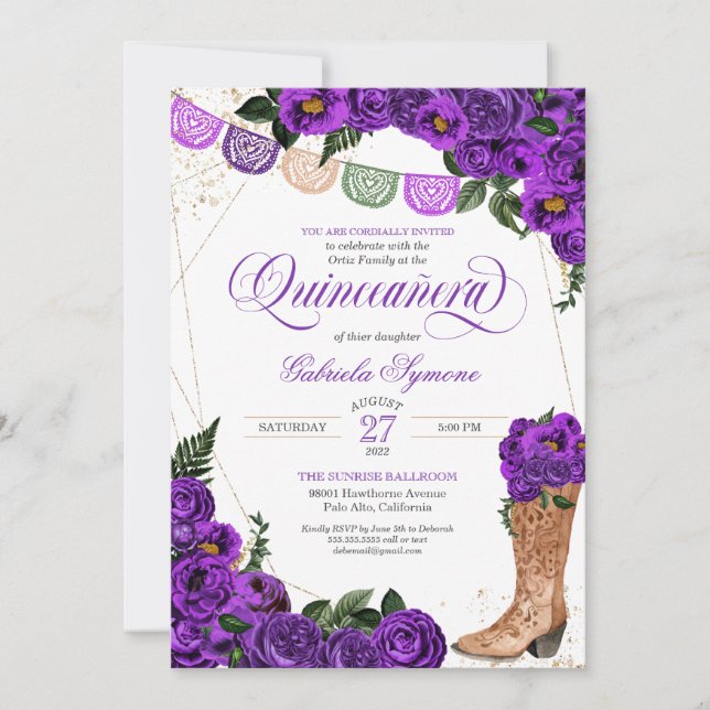 Invitation Charra Cowgirl, Rose violette, Bottes Quinceañera (Devant)
