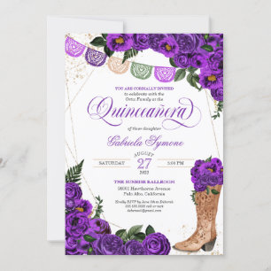 Invitation Charra Cowgirl, Rose violette, Bottes Quinceañera