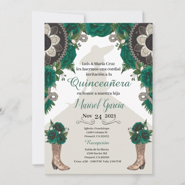 Invitation Charra Quinceanera, Mariachi Or Vert (Devant)