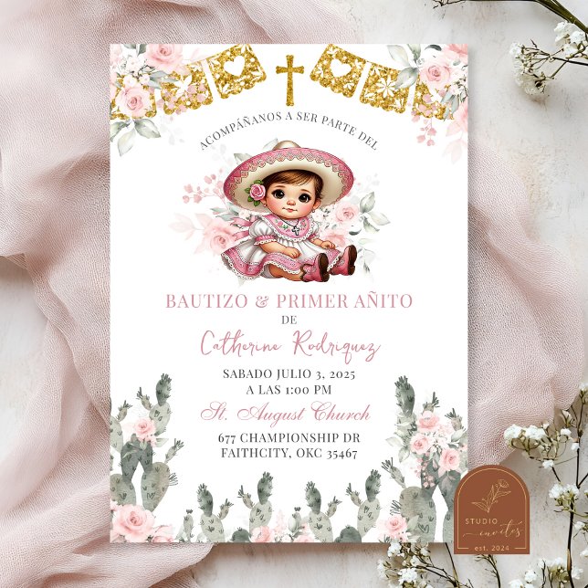 Invitation Charra Roses Rose Bautizo Mexicaine y Primer Anito (Créateur téléchargé)