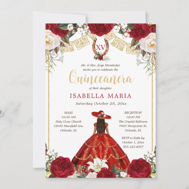 Invitation Charra rouge et or avec photo Quinceañera mexicain (Devant)