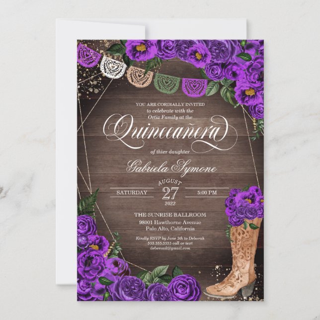 Invitation Charra Russe Cowgirl Boot violet Rose Quinceañera (Devant)
