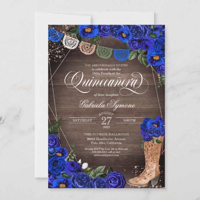 Invitation Charra Russe pousses de fille en bois bleu Rose Qu (Devant)