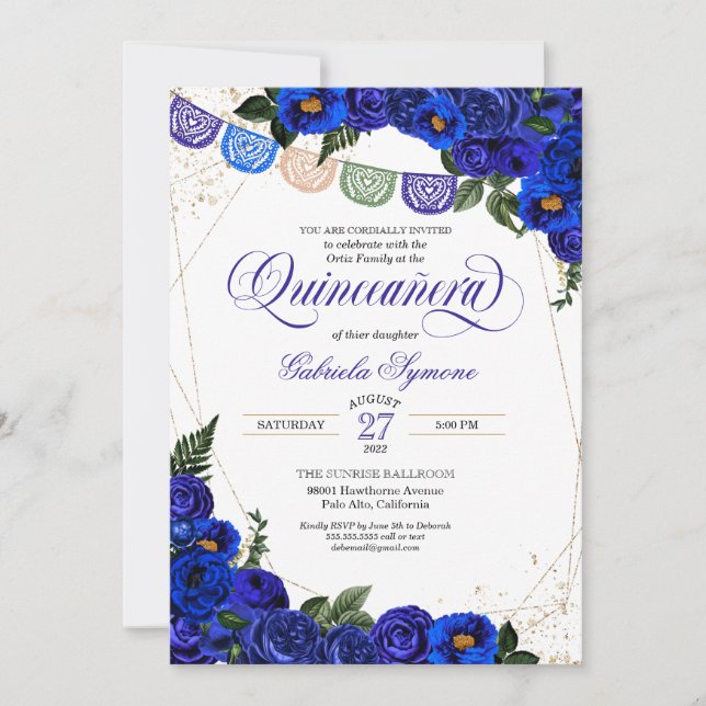 Invitation Charra Rustic Papel Picado Blue Roses Quinceañera (Devant)