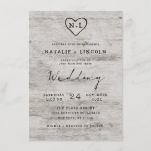 Invitation Charrettes sculptées Rustique Birch Monogram Maria