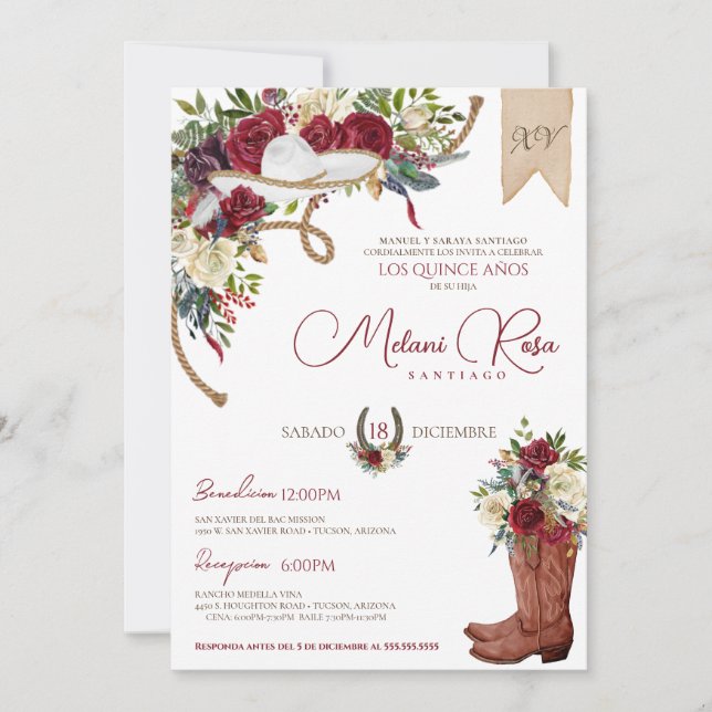 Invitation Charro blanc bordeaux élégant espagnol Quinceañera (Devant)