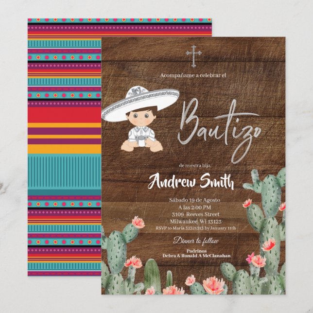 Invitation Charro Boy Bautizo, l'Argent russe mexicain (Devant / Derrière)