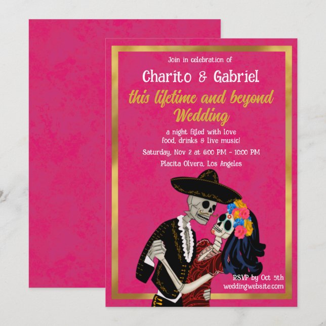 Invitation Charro Catrina Skuls à sucre Dansant Mariage rose (Devant / Derrière)