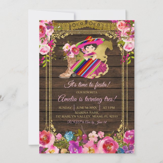 Invitation Charro en bois coloré Fiesta Girl Turning Tres Inv (Devant)