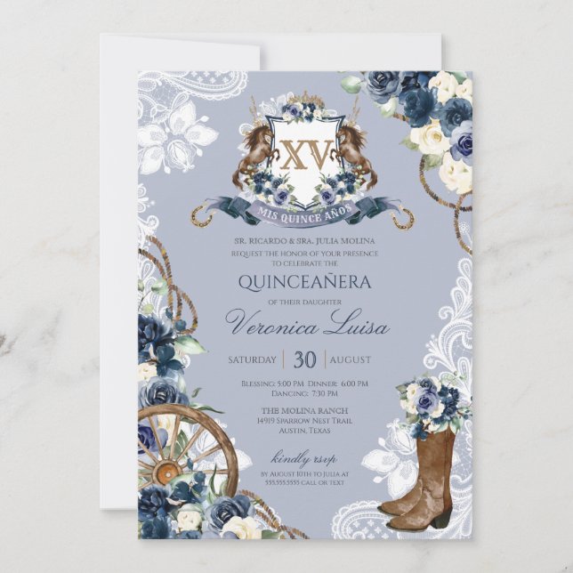 Invitation Charro Horse Crest Royal Navy Blue Quinceanera (Devant)