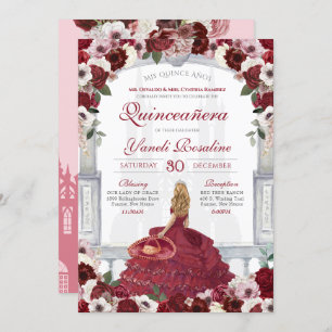 Invitation Charro Princesse Quinceanera, Rose de Bourgogne