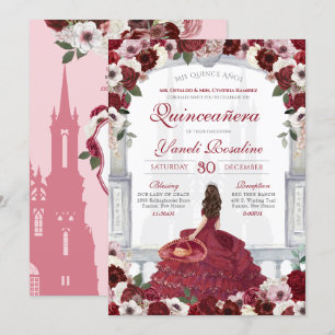 Invitation Charro Princesse Quinceanera, rouge bordeaux