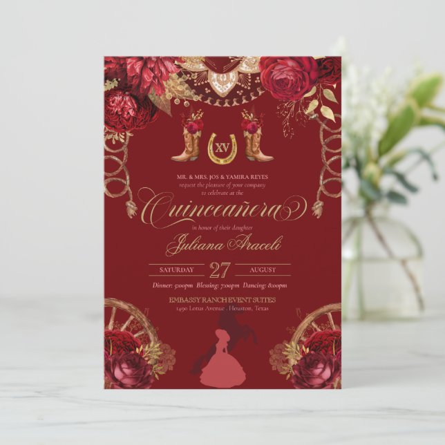 Invitation Charro Quinceanera en or rouge Rose (Debout devant)