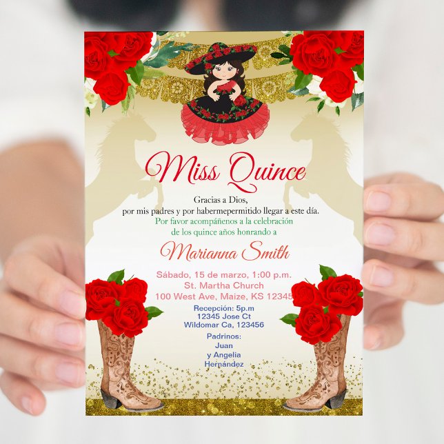Invitation Charro Quinceañera en rouge et or (Créateur téléchargé)