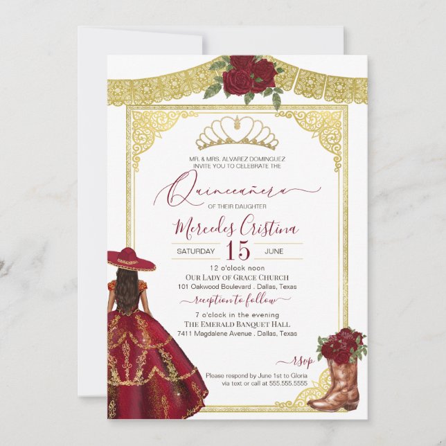 Invitation Charro Quinceanera, l'élégante Occidentale Rose de (Devant)